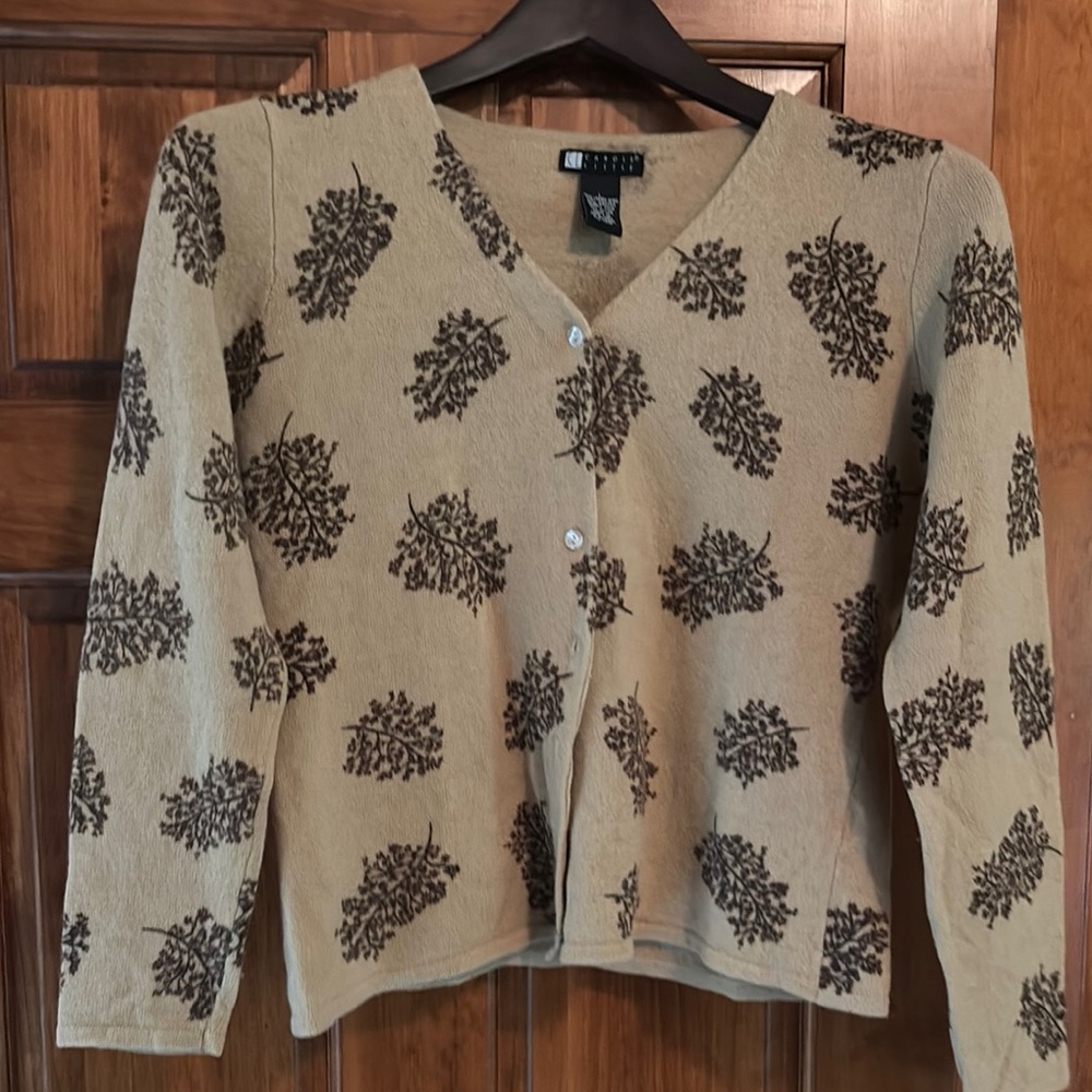 Carole Little Tan and Black Floral Cardigan Sweater